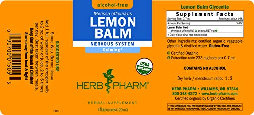 Herb Pharm Certified Organic Lemon Balm Liquid Extract for Calming Nervous System Support, Alcohol-Free Glycerite, 4 Ounce