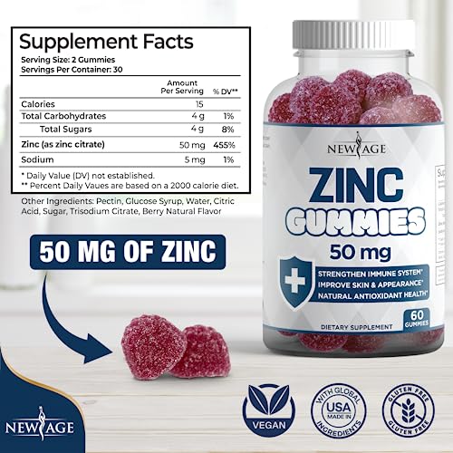 Zinc Gummies - 2 Pack - 50mg High Immune Booster Zinc Supplement, Immune Defense, Powerful Natural Antioxidant, Non-GMO - by New Age (180 Count (Pack of 3))