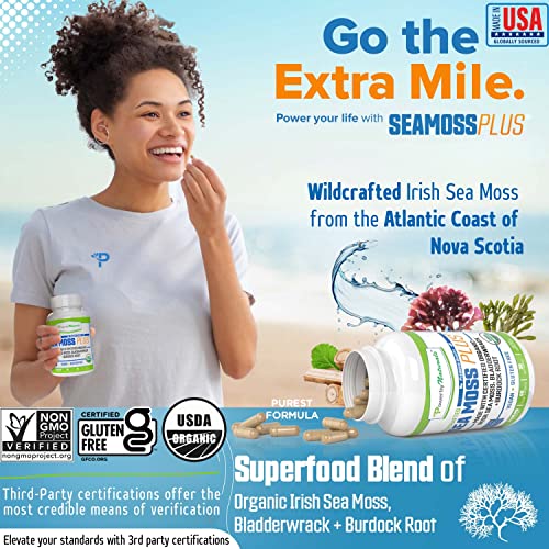 Power By Naturals Sea Moss Plus - Certified Organic Wildcrafted Irish Seamoss, Bladderwrack & Burdock Root - Supplement for Immunity, Thyroid Support, Gut Health - Vegan, Gluten-Free, 60Ct (Pack of 1)