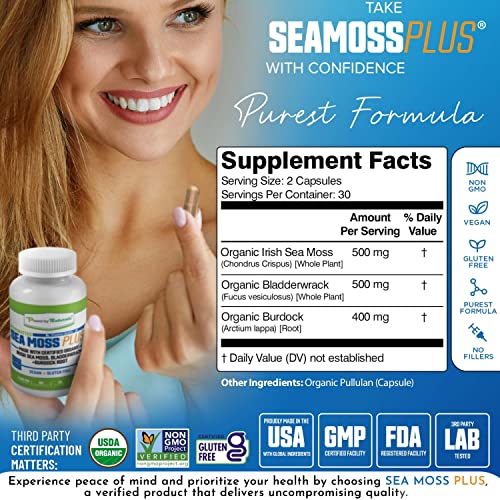 Power By Naturals Sea Moss Plus - Certified Organic Wildcrafted Irish Seamoss, Bladderwrack & Burdock Root - Supplement for Immunity, Thyroid Support, Gut Health - Vegan, Gluten-Free, 60Ct (Pack of 1)