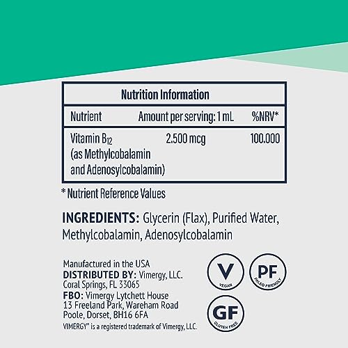 Vimergy USDA Organic B12, 30 Servings – Alcohol Free B-12 Liquid Vitamin - Supports Brain Energy, Nervous System, Cognition, Memory - No Gluten, Non-GMO, Vegan & Paleo - Naturally Sweet Flavor (30 ml)