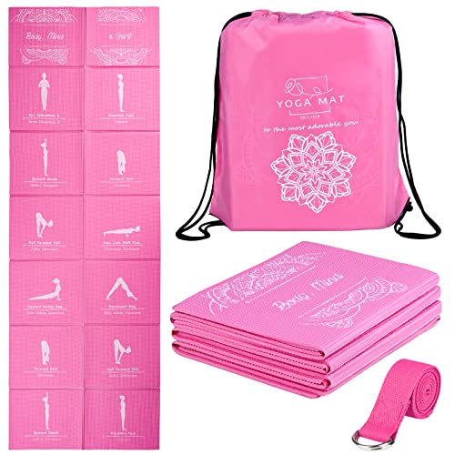 Foldable Yoga Mat for Women, Non Slip Exercise Mat for Home Gym, Travel Yoga Set With Stretch Strap for Yoga Pilates and Fitness, 68"L x 24"W x 1/5 Inch Thick