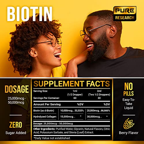 PURE RESEARCH Liquid Biotin & Collagen Hair Growth Drops 50,000mcg – Biotin and Liquid Collagen Supplements for Women & Men – Supports Glowing Skin, Healthy Hair & Nail Growth (2Fl Oz)