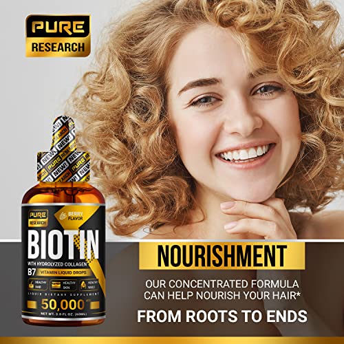 PURE RESEARCH Liquid Biotin & Collagen Hair Growth Drops 50,000mcg – Biotin and Liquid Collagen Supplements for Women & Men – Supports Glowing Skin, Healthy Hair & Nail Growth (2Fl Oz)
