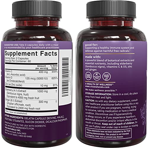 Viva Naturals Sambucus Elderberry with Zinc and Vitamin C for Adults, Vitamin D3 5000 IU and Ginger - Immune Support Supplement, 2 Months’ Supply - Black Dried Elderberry Capsules for Adults