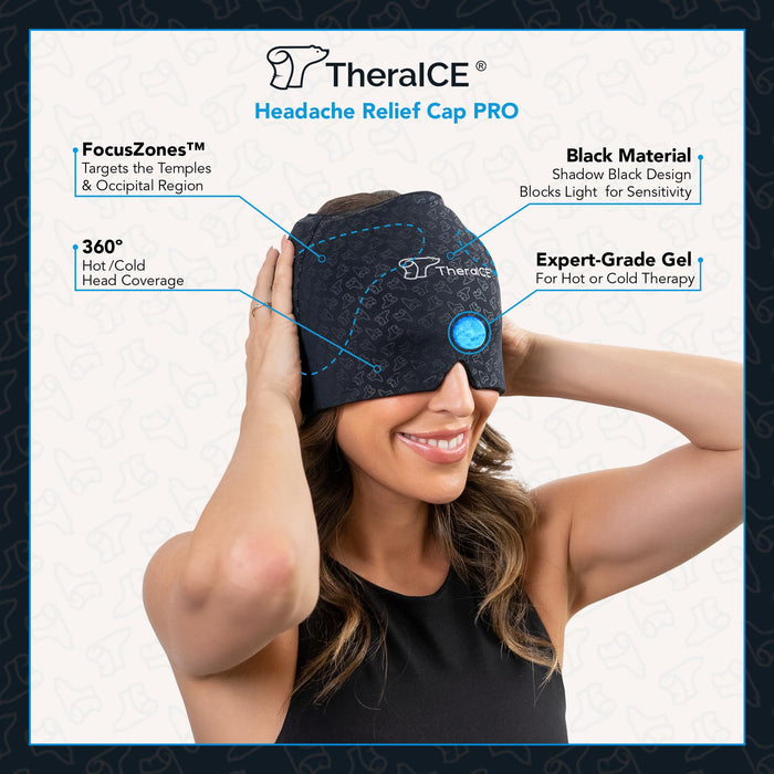 TheraICE PRO Migraine Headache Relief Cap, Hot & Cold Therapy Hat, Migraine Relief Cap, Headache Cap Ice Pack Mask, FocusZone Technology Provides Extra Cooling & Pressure for Targeted Pain Relief